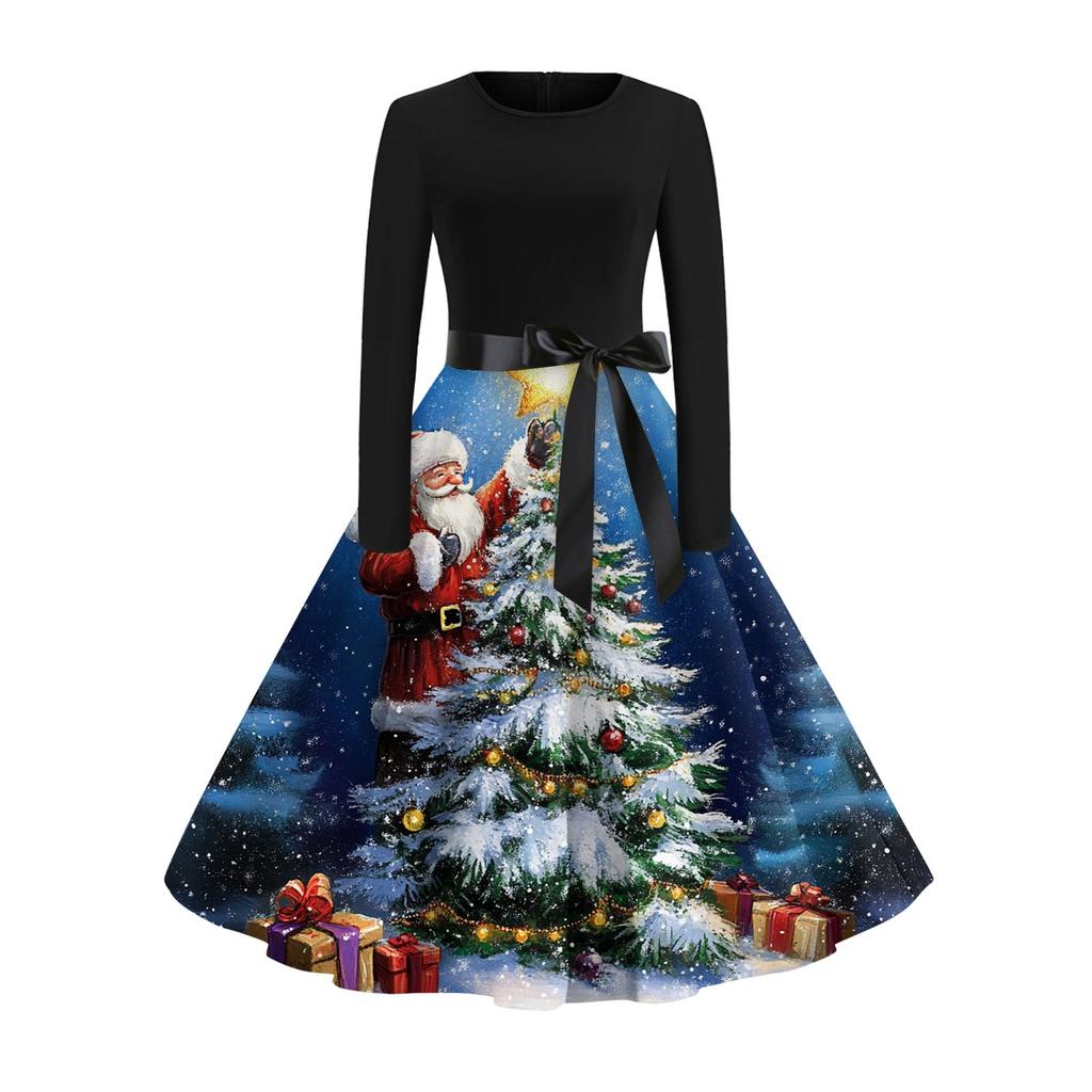 Christmas Print Flare Dress For Women Long Sleeve Dress Hollow Party Casual Dresses