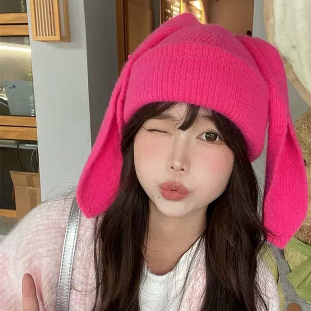 Korean Style Rabbit Ears Cap Elastic Solid Color Knitted Hat Woolen Hat Brimless Beanie Hat Couple