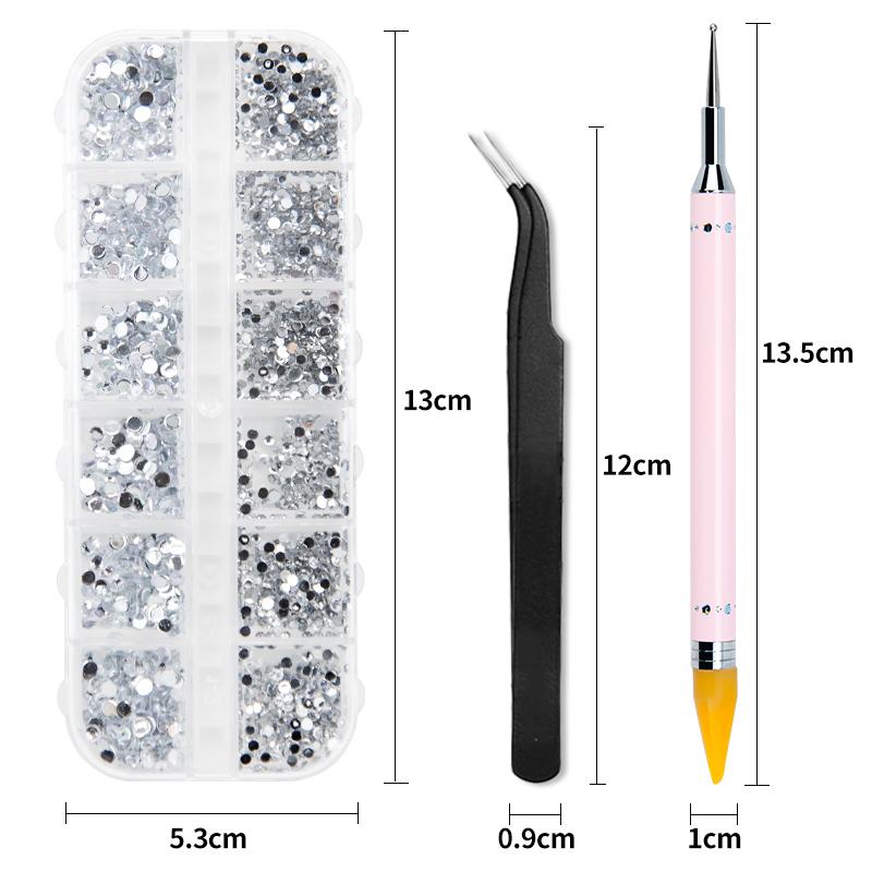 12gird Multisize New Box Nail Rhinestones 3d Crystal Ab Glass Diy Nail Art Decorations Set Diamond Gem 3d Glitter Nail Beauty