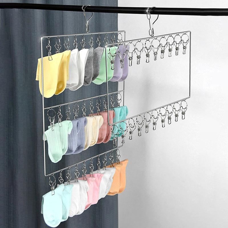 Stainless Steel Foldable Clothes Hanger Laundry Drying Rack With 20/30 Clips Save Space Closet Organizer For Socks Bras Towel