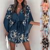 Women's Blouse  Elegant and Fashionable  New Printed Shirt V Short Lace-up Sex Dress
