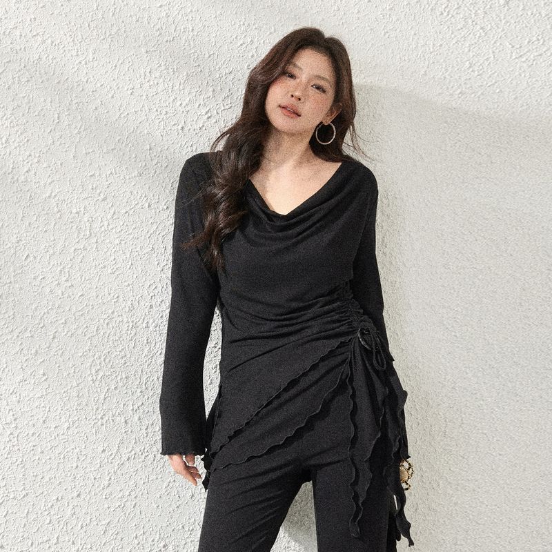 Plus-Size Women's Clothing for Adults, Korean Style Slimming Hepburn-Style Long-Sleeve Top with a Draped Collar and High-Waisted Flared Pants Set