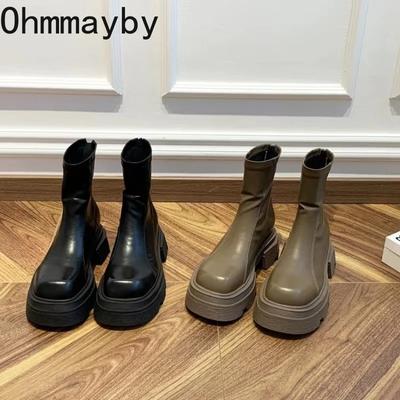 Модные женские короткие сапоги на платформе и каблуке, модные нескользящие туфли с молнией сзади 2024 года, новые женские ботильоны на осень-зиму