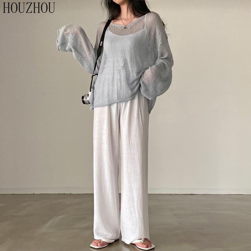 HOUZHOU открытые топы, женские винтажные элегантные повседневные уличные свитера с круглым вырезом, шикарные свободные свитера, трендовые пуловеры