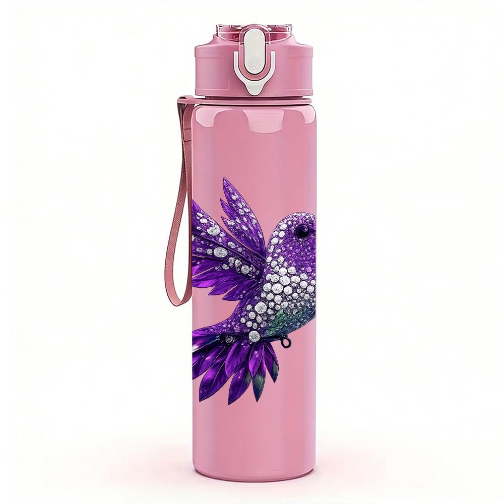 1PC Purple Hummingbird Bird 750ml Color Plastic Sports Water Bottle Leakproof Flip Straw Lid Suitable for Sports Office Home Use