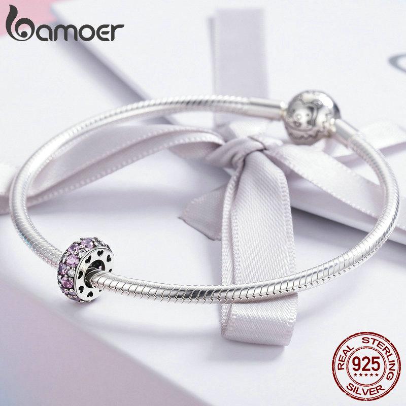 BAMOER Аутентичные стерлингового серебра 925 пробы, классические розовые бусины-разделители с фианитами, подходят для женского браслета