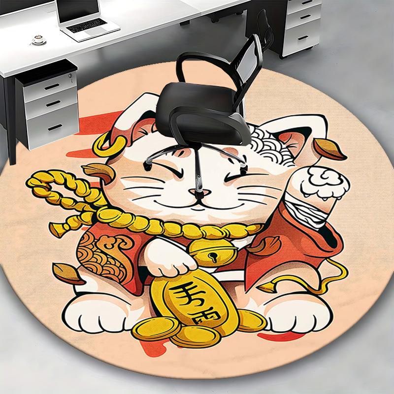 1pc Anime Cat with Gold Coin Round Carpet - Office Chair Mat, Non-Slip Rug for Home Decor, Seasonal Gift, Suitable for Office, Living Room, Bedroom, G