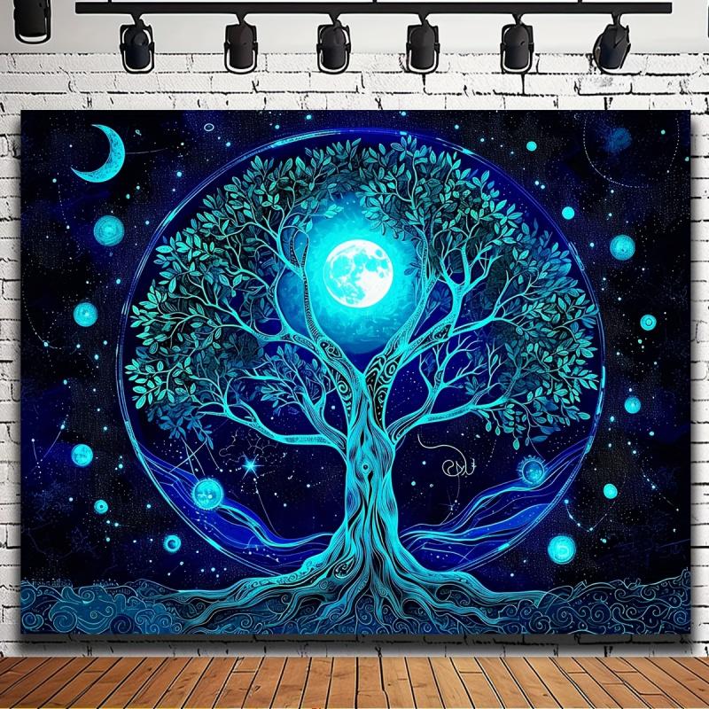 VIKAMA Blue Moonlight Tree of Life Tapestry Outdoor Garage Decoration Background Cloth Courtyard Party Wall Tapestry