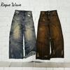 RogueWave Vintage Washed Jeans Y2K Clothes Mens Womens Retro Ripped Torn Baggy Jeans Punk Rock Low Waist Wide Leg Trousers Streetwear