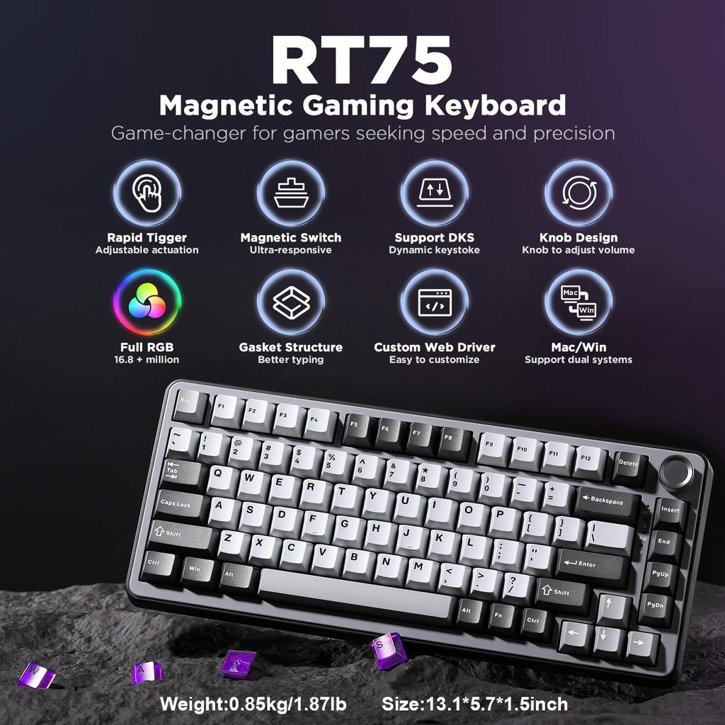 YUNZII RT75 Rapid Trigger Keyboard Mechanical TKL Gaming Magnetic Switch RGB Wired USB Compact PBT Keycap with Sequence Knob Adjustable Actuation