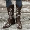 Осень и зима новые остроносые высокие рыцарские сапоги с цветочным узором, плоские сапоги, женские большие размеры, вышитые кожаные сапоги