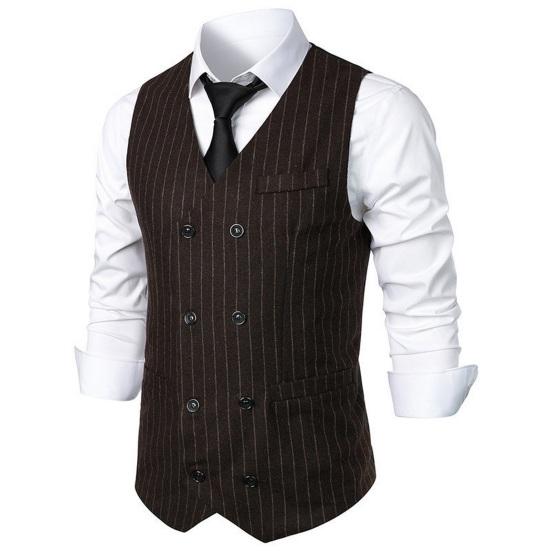 Men Suit Waistcoat V-Neck Sleeveless Striped Print Double Breasted Suit Vest with Patch Pockets Wedding Business Vest