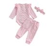 3-Piece Baby Girls Set Checkered Button Long Sleeve Round Neck Ruffled Romper Bow Long Pants Hair Band Outfits