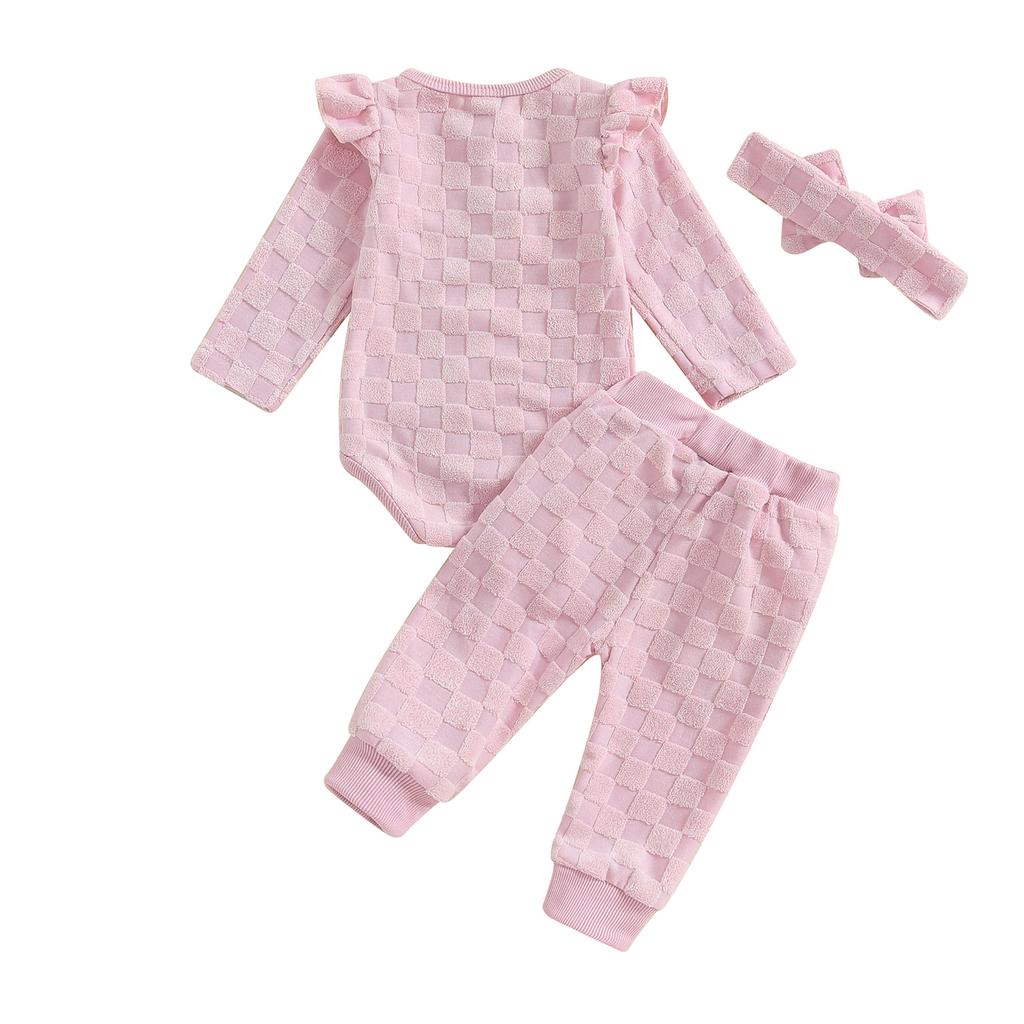 3-Piece Baby Girls Set Checkered Button Long Sleeve Round Neck Ruffled Romper Bow Long Pants Hair Band Outfits