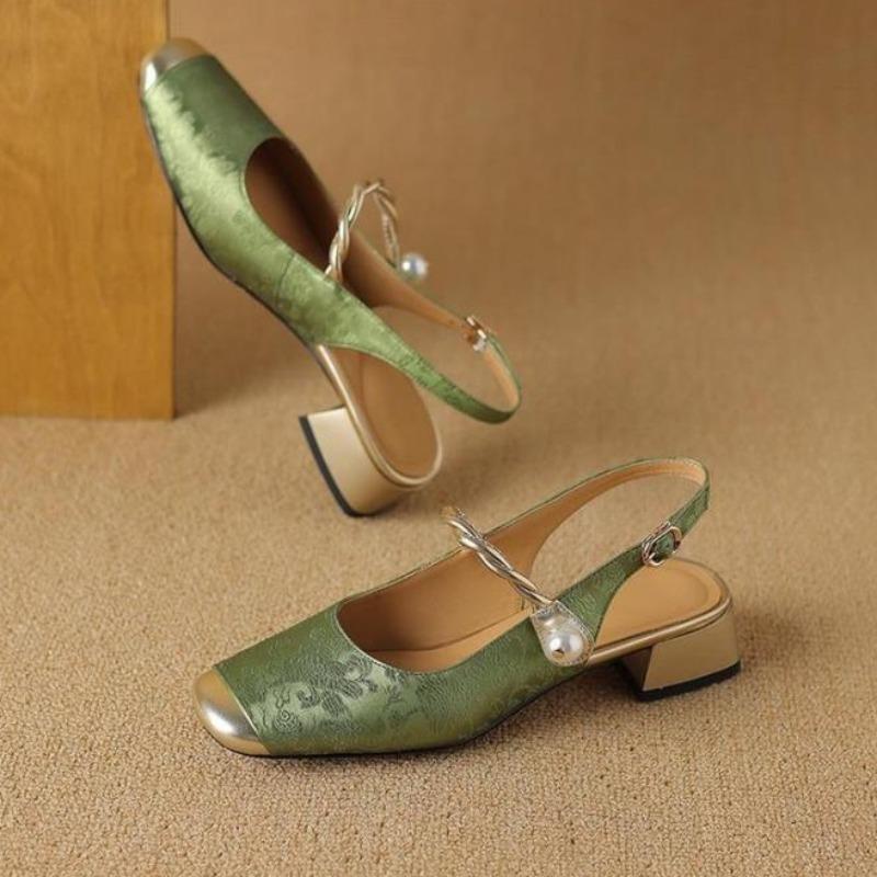 Модная женская обувь с принтом, толстый каблук для вечеринок и свадеб, зеленые закрытые полубосоножки, жемчужный блочный массивный каблук, корейский стиль, на каждый день, ПВХ или VIP