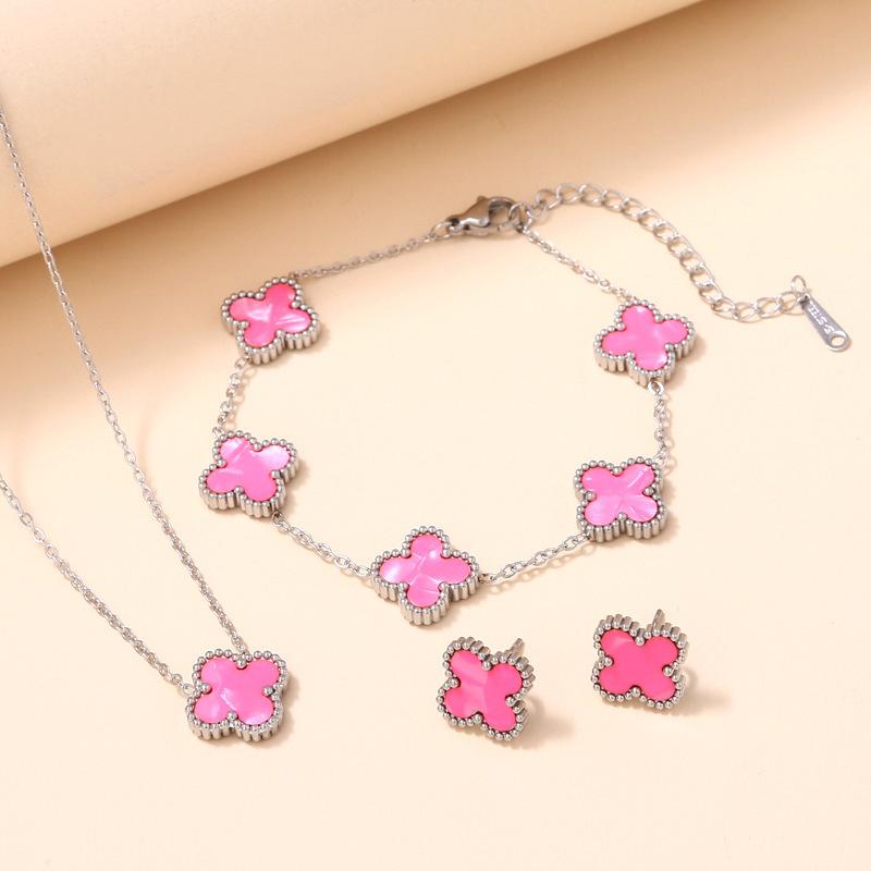 3PCS Double-sided Clover Jewelry Necklace Bracelet Earring Set