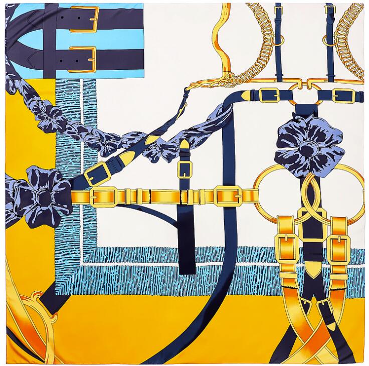 130cm Big Handkerchief Luxury Brand Scarf Belt Chain Print Twill Silk Scarf Square Scarves Women Kerchief For Ladies Shawl