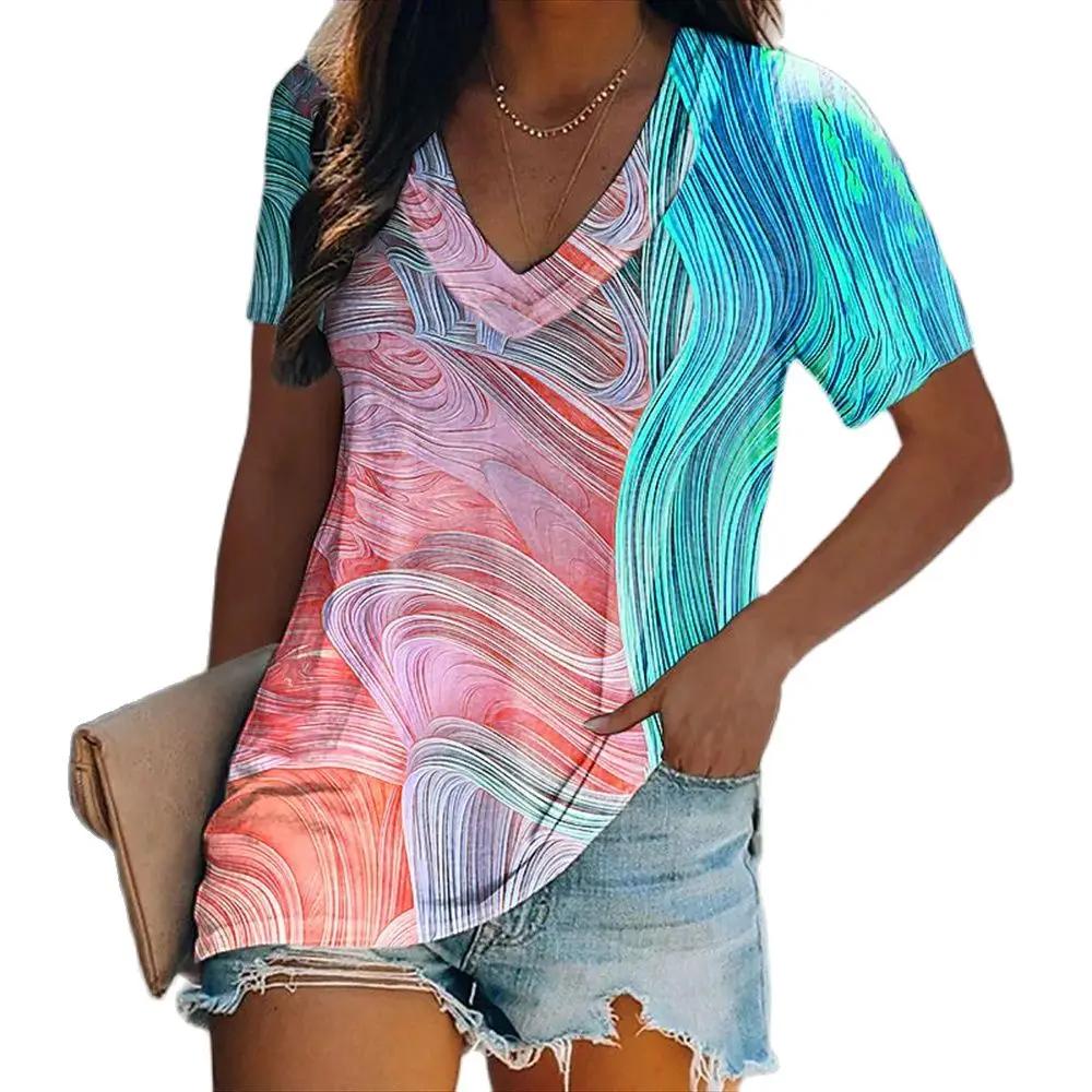 Женские роскошные футболки с 3D принтом, топы с v-образным вырезом и короткими рукавами, футболки, летняя повседневная футболка с градиентом, женская одежда больших размеров