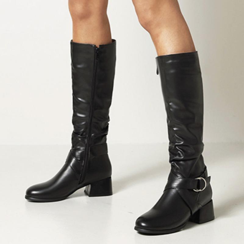Женские новые горячие продажи сапоги выше колена с пряжкой и круглым носком высокие сапоги женские плиссированные на низком каблуке повседневные кожаные зимние женские сапоги