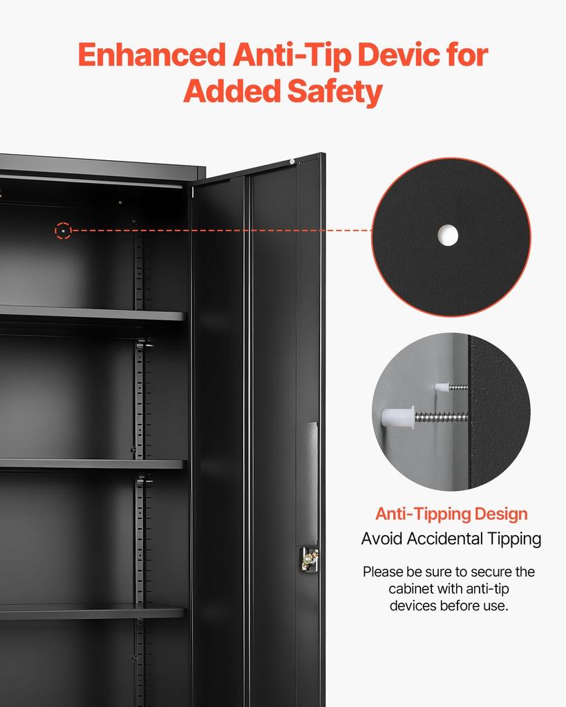 Metal Storage Cabinet, 175 cm Lockable Steel Garage Cabinet with 4 Adjustable Shelves, 2 Magnetic Doors, 2 Keys, 5 Tiers Tool Storage for Pantry,