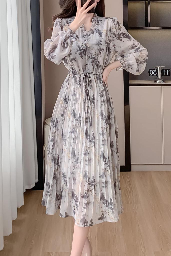 Spring Long Floral Flared Elegant [Chubikime] Women's Dress, Sleeve, Chiffon, V-Neck, Ruffle, A-Line Dress, Print, Dress, Pleated, Stylish,