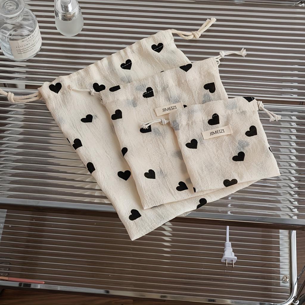 1 шт. Женский мешочек на кулиске - Бежевый и черный с рисунком сердечек, косметичка большой вместимости, дорожный органайзер с застежкой для косметики