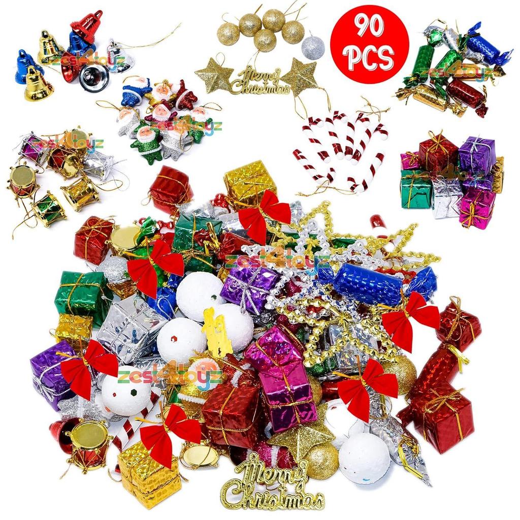 Christmas Decorations with Bells Candy Sticks Stars Gift Boxes and Santa Ornaments Christmas Tree Decoration Items (90 Pcs) Multicolor