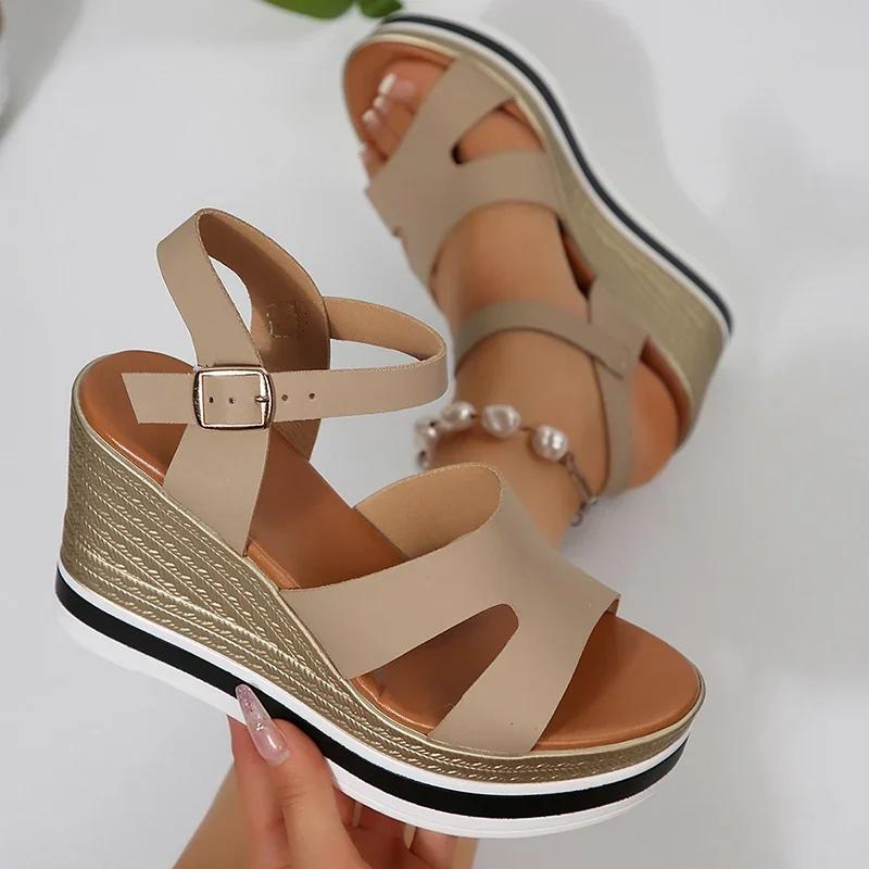 Модные летние женские сандалии Новые сандалии на танкетке Женские 2025 Массивная платформа Женская обувь Модные сандалии с ремешком на щиколотке Толстая подошва Сандалии
