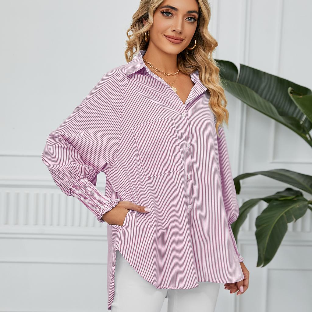 YYFS Женские модные повседневные весенне-осенние рубашки-поло с длинным рукавом и принтом в полоску, блузки и рубашки