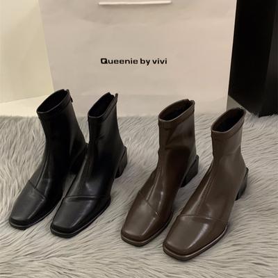 Мода Новые 2024 Эластичные носки Сапоги Женские Модные Ботильоны На Высоком Каблуке Толстый Каблук Квадратный Носок Короткие Сапоги Женские Ретро Ботильоны На Молнии