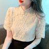 New Fashion Summer Short Sleeve Stand Collar Casual Lace Blouse Shirt Women Tops J366