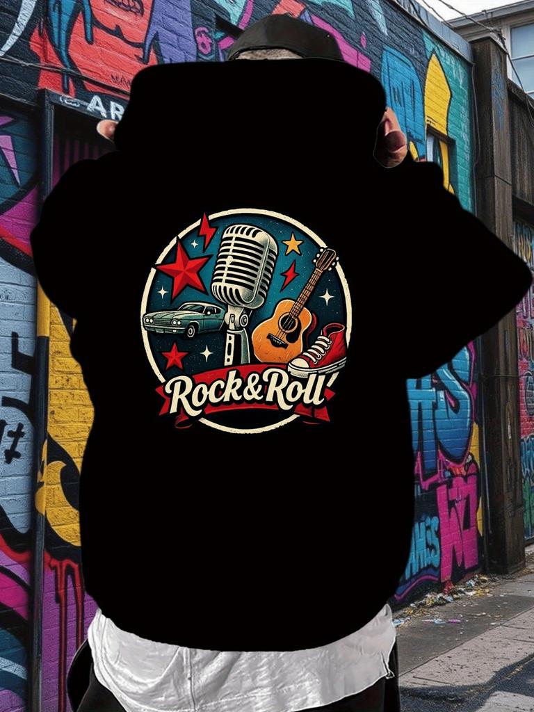 Rock & Roll Vintage Graphic hoodie - Casual Long Sleeve Pullover with Star & Guitar Design