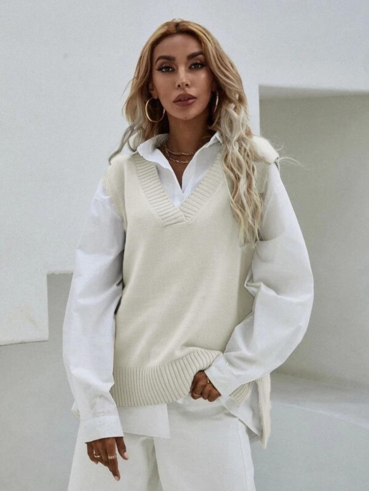 Женский облегающий свитер-жилет без рукавов с V-образным вырезом - Новый весенний вязаный топ-майка