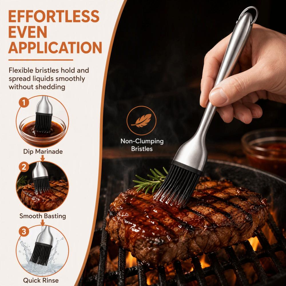 2PCS Stainless Steel Silicone Oil Brush Heat Resistant BBQ Sauce Brush Pastry Brush Baking Cooking