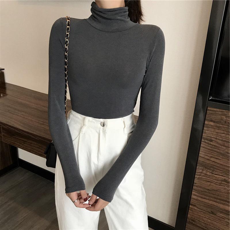 Women's Solid Color High Collar Slim Fit T-Shirt: Trendy Long-Sleeve Korean Style for Autumn/Winter 2025