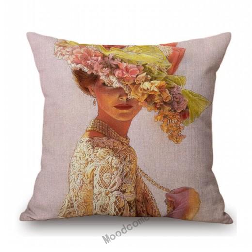 Elegant Lady With Hat Europe Victorian Era Classic Beautiful Woman Oil Painting Linen Sofa Throw Pillow Case Car Cushion Cover