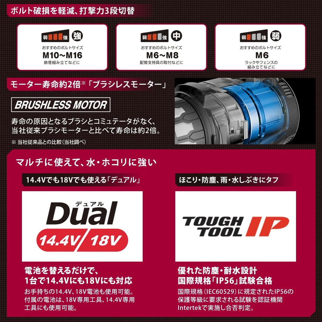 Panasonic Cordless Impact Wrench Battery Pack x and Case Dual with Slim Width IP56 EZ75A3LJ2F-H, Gray, 14.4V, 5.0Ah 2, Charger, Included, (Compatible