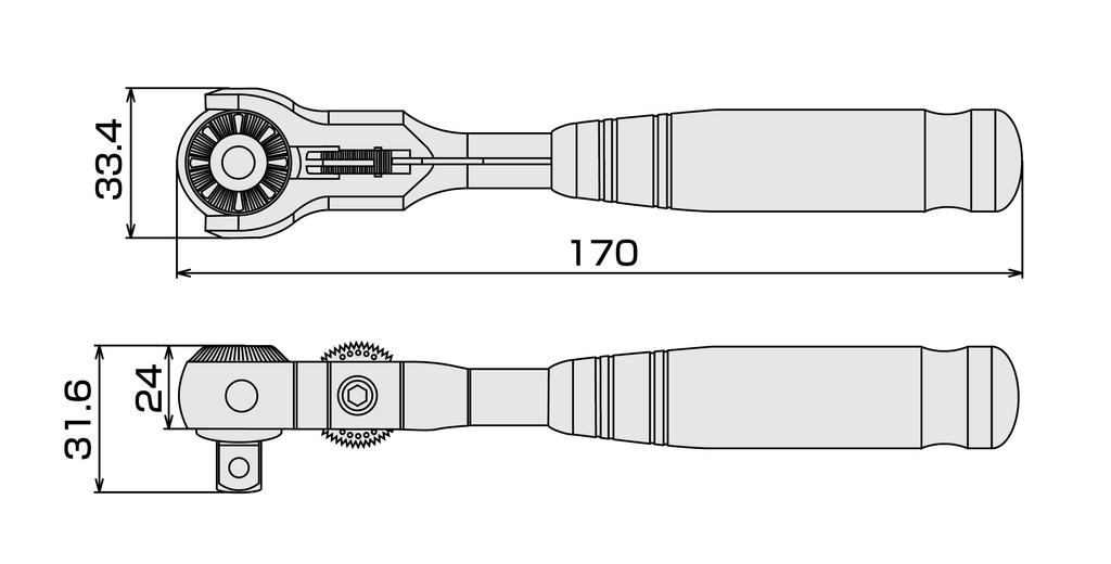 Короткая поворотная рукоятка с храповым механизмом TONE RH3VHS, угол привода (Тип удержания) 9.5mm (3/8")