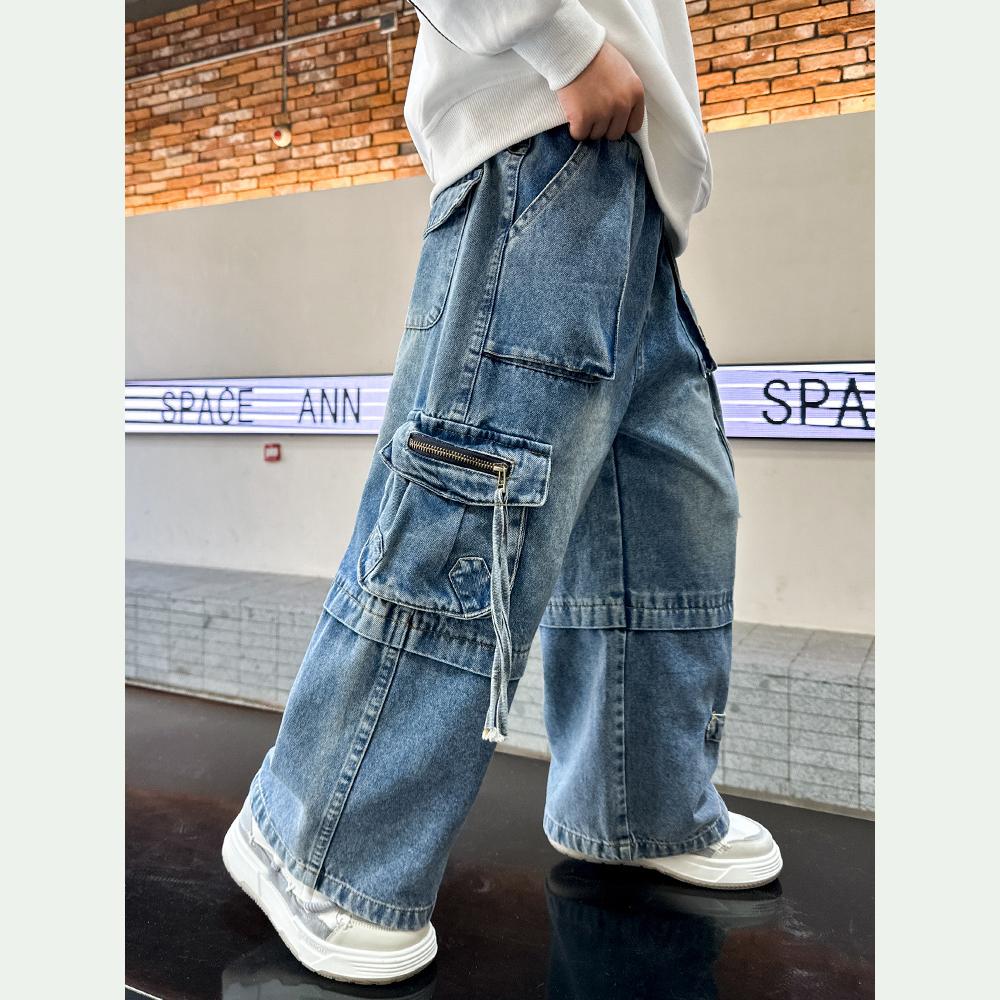 Детские джинсовые брюки весна-осень модные джинсы карго для мальчиков корейский стиль повседневные красивые длинные брюки с карманами