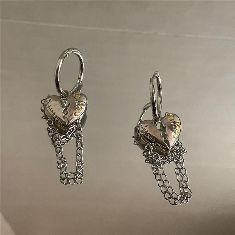 Hiphop Punk New Design Metal Broken Peach Heart Earrings Korean Fashion Women Ear Rings Jewelry Vintage Chain Tassel Earings Bar