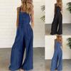 Women's Casual Solid Color Denim Side Pockets Wide Leg Side Button Jumpsuit