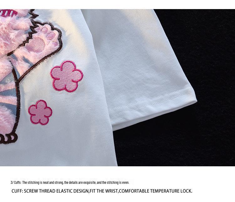 Guochao Оверсайз Футболка с флокированным милым тигром – Унисекс, с коротким рукавом, нишевый дизайн, парные наряды