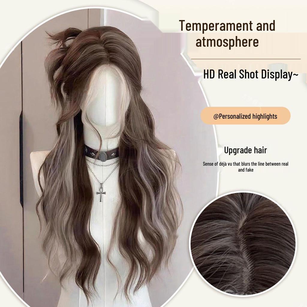 Серая с золотыми прядями кружевная передняя парика - Большие волны кудрявых волос в американском азиатском стиле