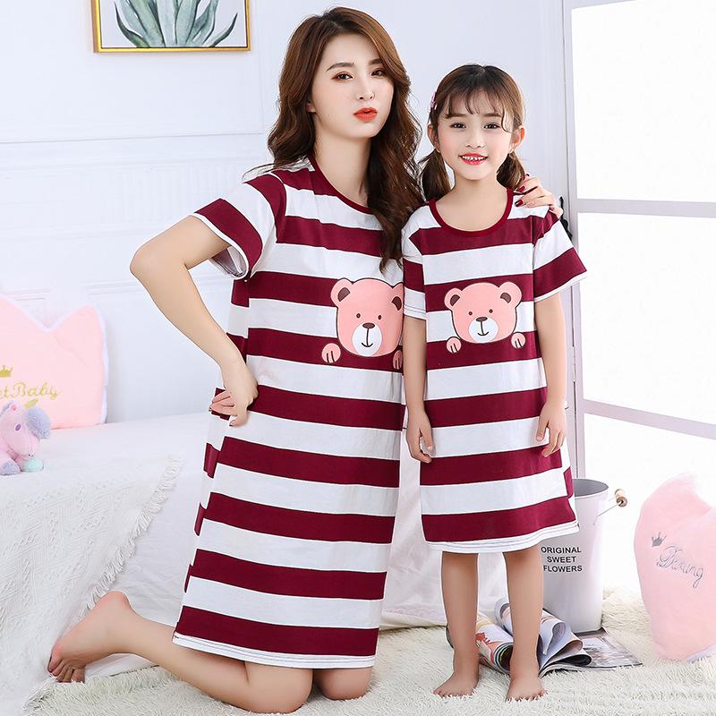 Girls' Summer Cartoon Short Sleeve Pajamas - Cute Parent-Child Cotton Nightdress