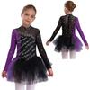 Kids Dance Costume Long Sleeve Color Block Patchwork Dress with Sparkling Rhinestones for Performance