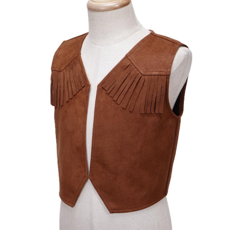 Ковбойский жилет в стиле вестерн для мальчиков, платье на Хэллоуин, детская коричневая замшевая кожаная куртка с бахромой по подолу для карнавальной тематической вечеринки