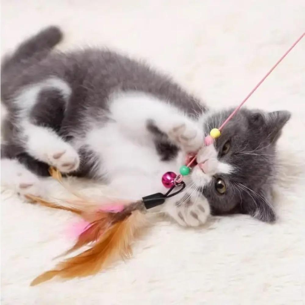 Interactive Cat Wand Toy with Feather-Style Tassel & Bell on Flexible Elastic Rod