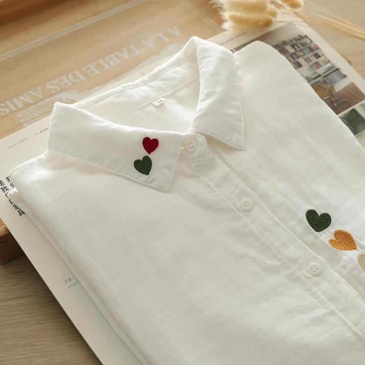 Мультфильм Вышивка Любовь Свободная Хлопковая Белая Рубашка Женская Длинные Рукава Нижняя Рубашка Tide