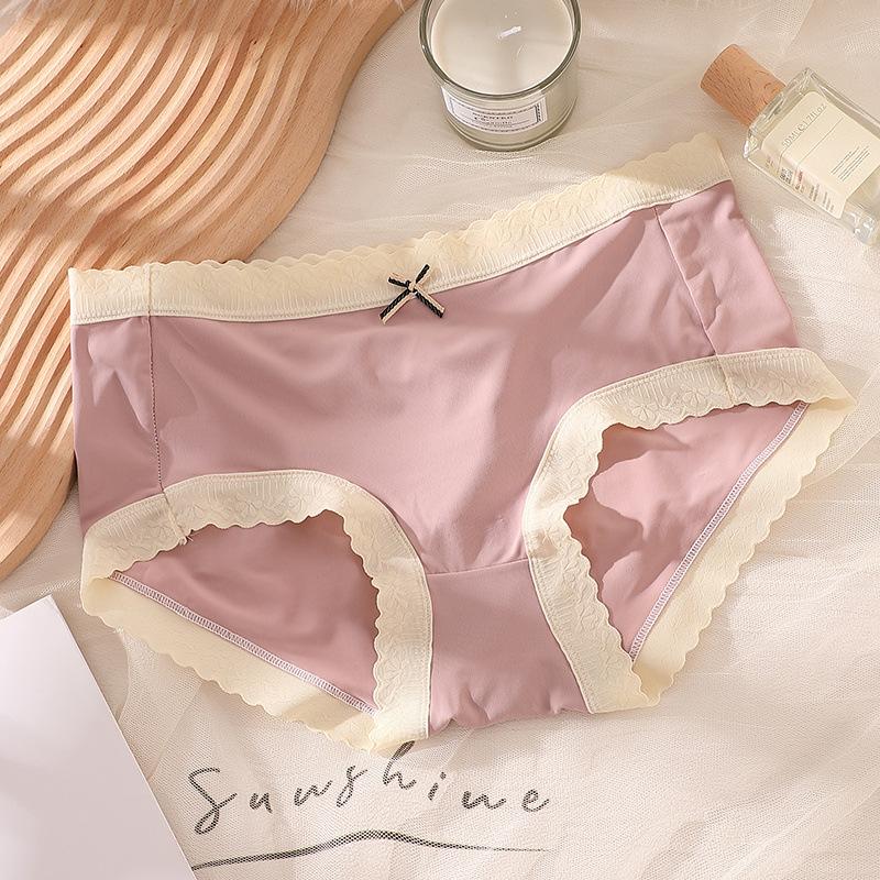 Women Ice Silk Panties Mid Waist Lace Soft Women's Panties Seamless Breathable Lace Underwear Knickers