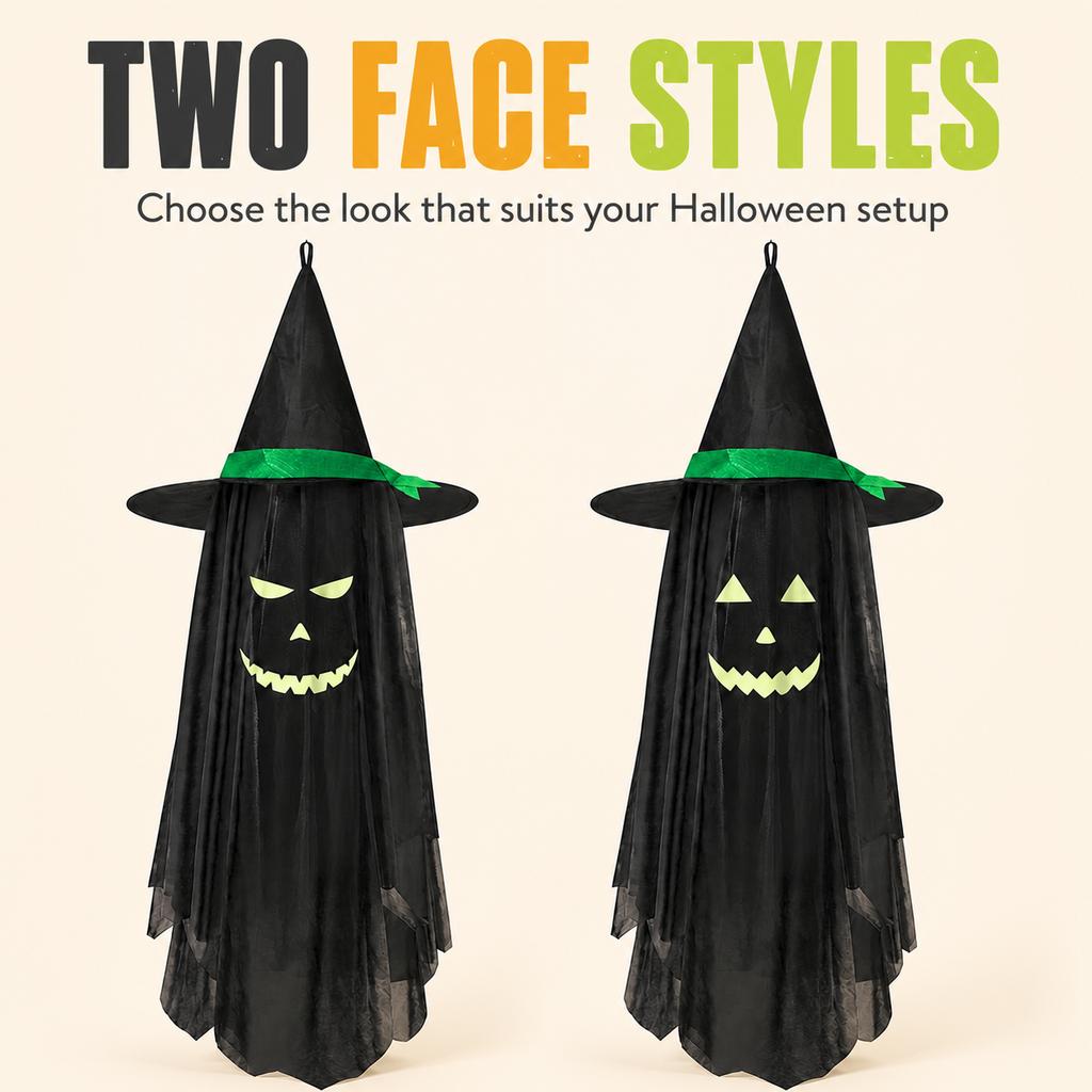 100 cm Halloween Glow In The Dark Hanging Witch Hat Ghost For Porch And Party Decoration
